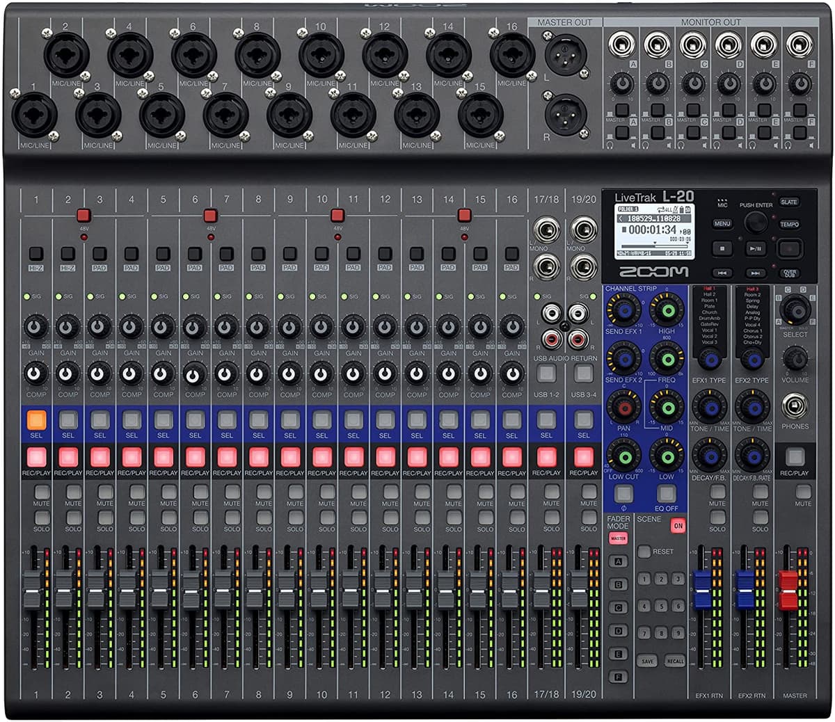 Zoom Livetrak L-20 Mezclador Digital Y Grabador Multipista Grabadora De Tarjeta Sd De 20 Entradas/22 Canales Interfaz De Audio Usb De 22 Entradas/4 Salidas 6 Salidas Personalizables Control Inalámbrico Ios