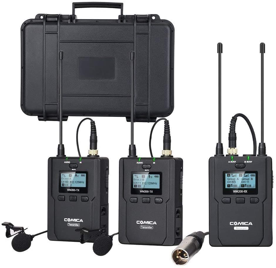 Comica CVM-WM200A, Micrófono de Solapa Inalámbrico UHF de 96 Canales Sistema de Micrófono de Solapa Inalámbrico para Cámaras/Cámaras de Video XLR, Grabación de Entrevistas y Videos para Youtube, Micrófono Dual Lavalier con Transmisión de 394FT