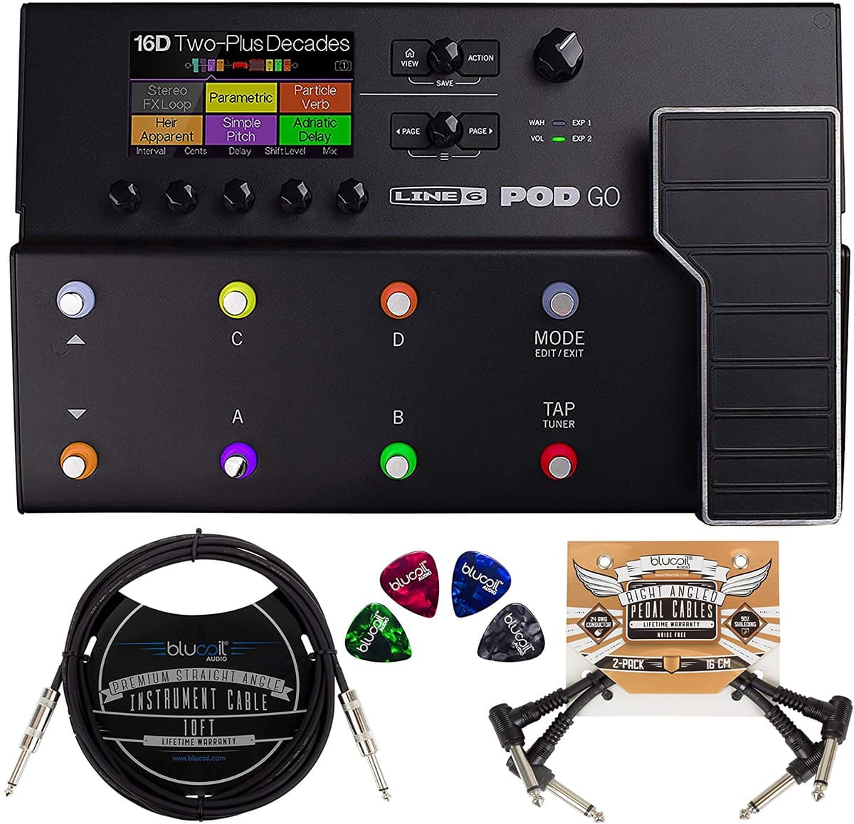Line 6 Pod Go Amp Modeler Multi-Fx Procesador Bundle Con Blucoil 2 Paquetes De Cables Rectos De 10 Pies (1/4 Pulgadas) 2 Cables De Parche De Pedal Y 4 Púas De Guitarra Celuloide A1639