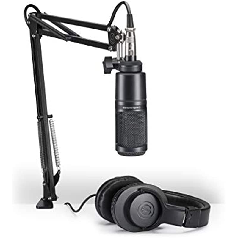 Audio-Technica AT2020PK - Pack de micrófono para voces, streaming y podcasting, incluye micrófono condensador cardioide XLR, brazo ajustable y auriculares de monitoreo, negro