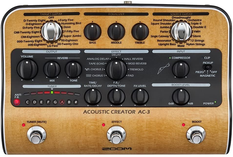 Zoom AC-3 Acoustic Creator, DI Acústico con Restauración de Tono, Modelado Acústico, 9 Efectos, Compresión, Afinador, Reverb, EQ y Anti-Feedback