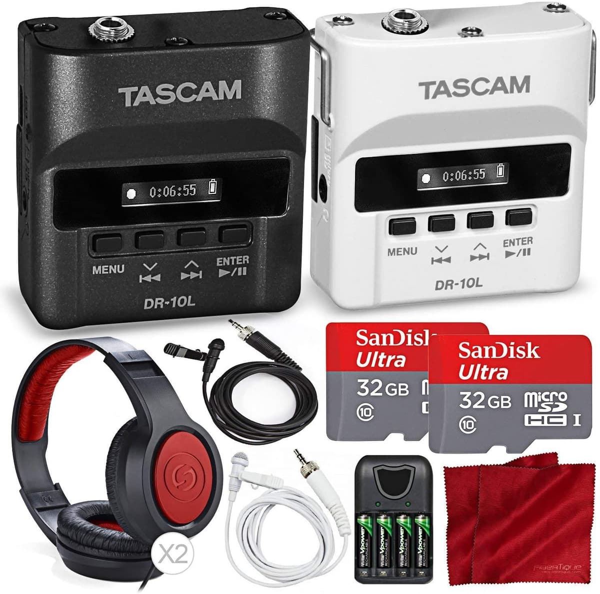 Tascam Dr-10L & Dr10Lw Grabadora De Audio Digital Con Micrófonos Lavalier Y 2 X 32 Gb 2 X Auriculares De Novia Y Novio Deluxe Bundle