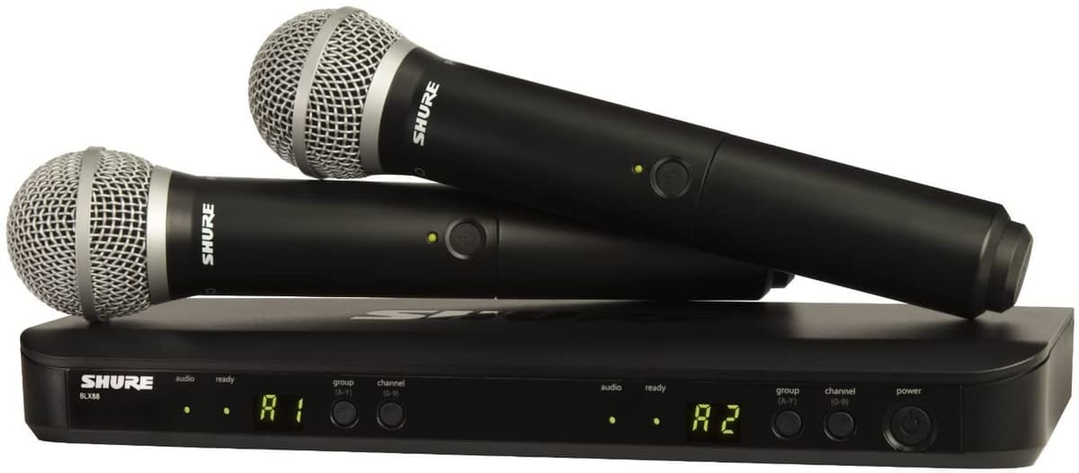 Shure BLX288/PG58-H9 Sistema de micrófono inalámbrico UHF - Ideal para iglesias, karaoke y voces - 14 horas de batería, 90m de alcance - Incluye 2 micrófonos de mano PG58, receptor dual.