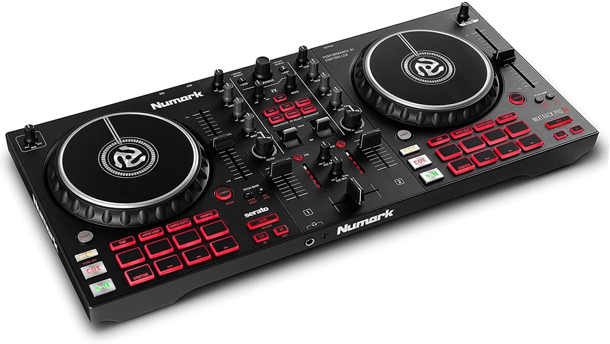 Numark Mixtrack Pro FX Controlador DJ de 2 decks para Serato DJ, mezclador con interfaz de audio, jog wheels táctiles y paletas FX