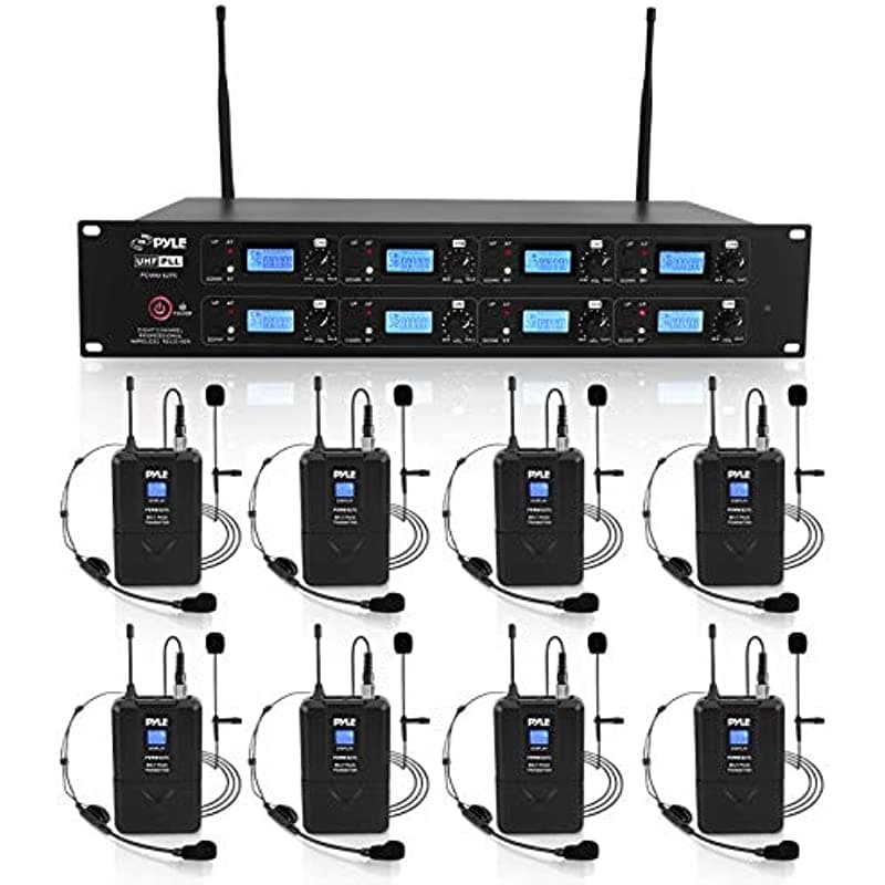 Pyle Profesional 8 Canales UHF Sistema de Micrófono Inalámbrico y Receptor 8 Transmisores Bodypack 8 Auriculares y 8 Micrófonos Lavalier de Solapa RF y AF Radio Audio Frecuencia Digital PDWM8275 Negro