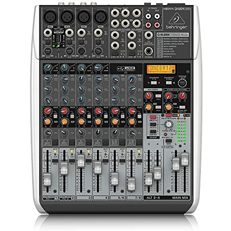 Behringer QX1204USB Mixer con USB y Efectos. Mezcladora de 12 canales, ideal para estudio y presentaciones en vivo.