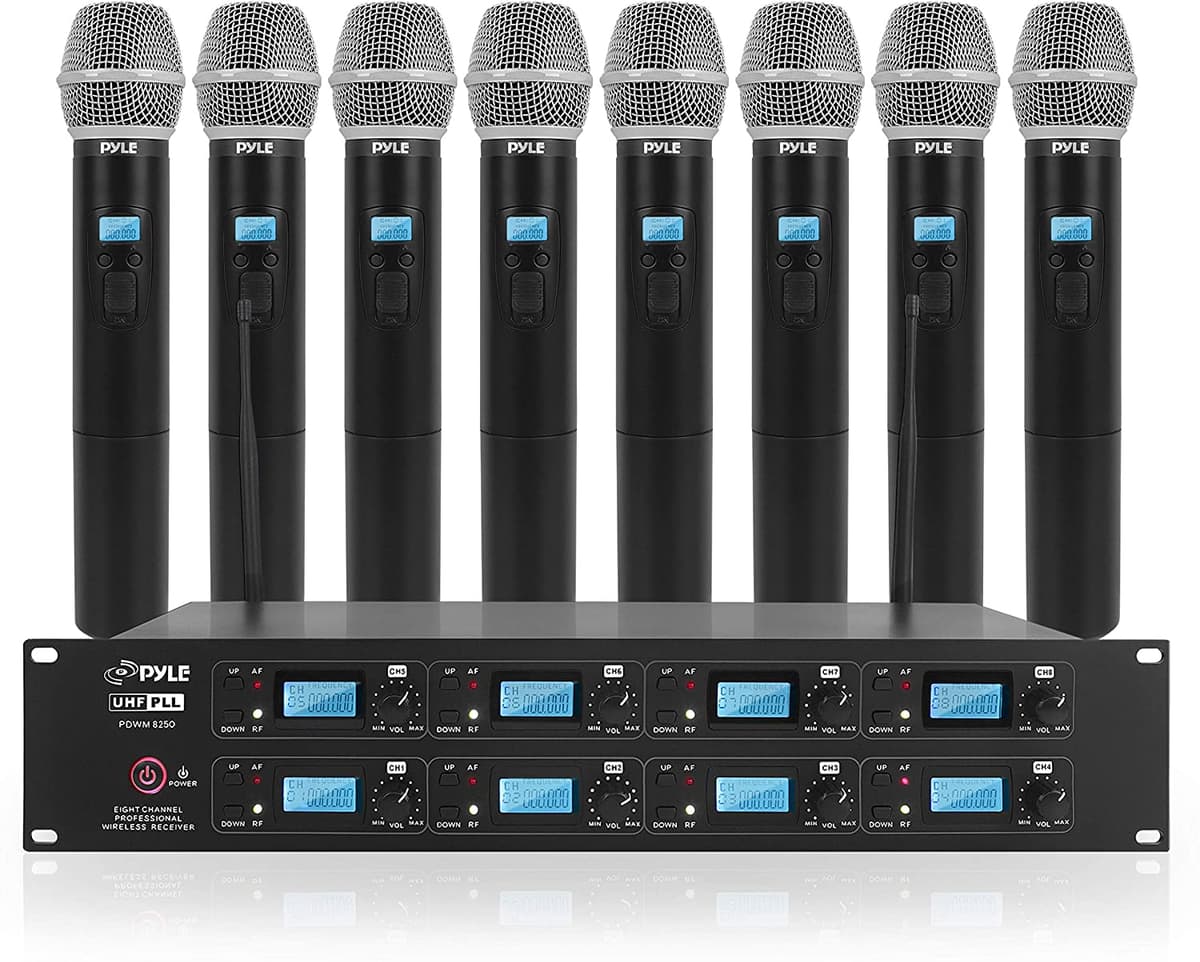 Pyle Profesional 8 Canales Uhf Sistema De Micrófono Inalámbrico 8 Micrófonos De Mano Receptor De Montaje En Rack Base Rf Y Af Radio/Frecuencia De Audio Pantalla Digital Independiente Control De Volumen De Canal (Pdwm8250)