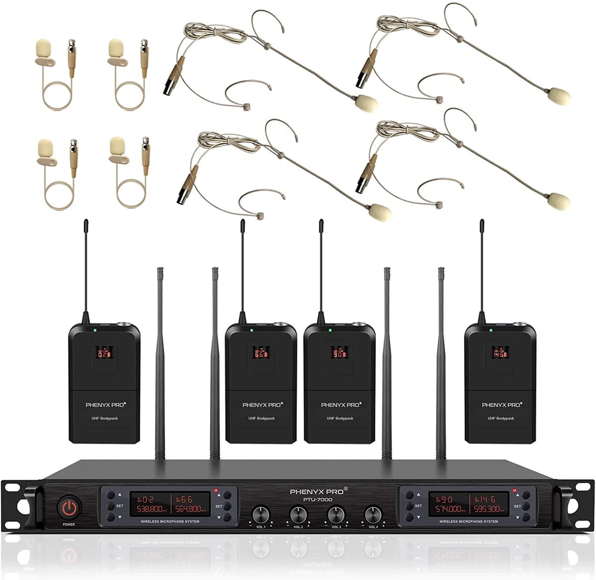 Phenyx Pro Sistema De Micrófono Inalámbrico Juego De Micrófono Inalámbrico De Cuatro Canales Con 4 Carcasas Y Auriculares/Micrófonos De Solapa 4 X 40 Canales Escaneo Automático Cobertura De 328 Pies Micrófono Inalámbrico Para Cantar Dj Iglesia (Ptu-7000B) ESMK-JS-0302-068
