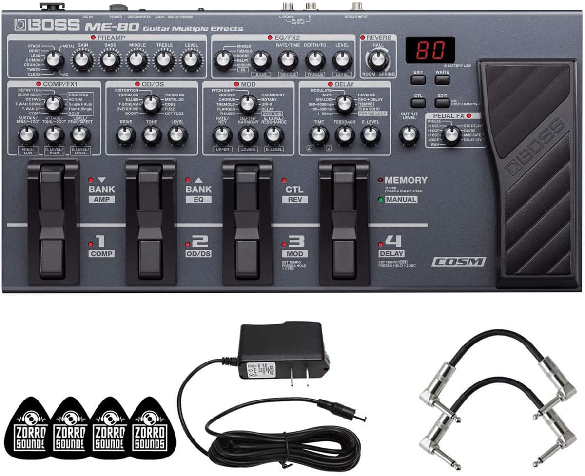 Boss ME-80 Pedal de Multiefectos para Guitarra Compacto y Potente o Procesador de Piso Controles Fáciles Analógicos y Software Boss Tone Studio Gratuito Incluye Adaptador de Alimentación de CA 2 Cables Patch y 4 Púas de Guitarra