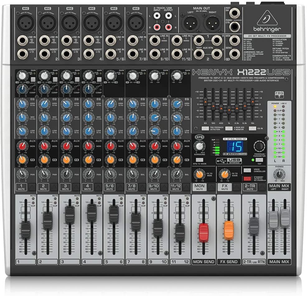 Behringer Xenyx X1222USB Mixer con USB y efectos para sonido profesional y grabación en estudio.