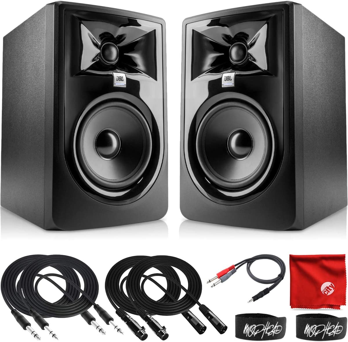 JBL Professional 305P MkII Monitor de Estudio Potenciado de 5 Pulgadas de Última Generación Par con 2x Cable TRS de 10 Pies 2x Cable XLR de 10 Pies Cable Dual 1/4 a Estéreo de 3.5 mm 2x Precintos y Paño de Microfibra JBL305PMKIIK7