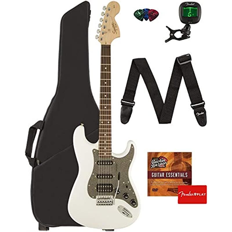 Fender Squier Affinity Stratocaster HSS Pack Olympic White con Funda Afinador Selector de Tienda y DVD Instructivo de Austin Bazaar 0370700505-COMBO-DLX