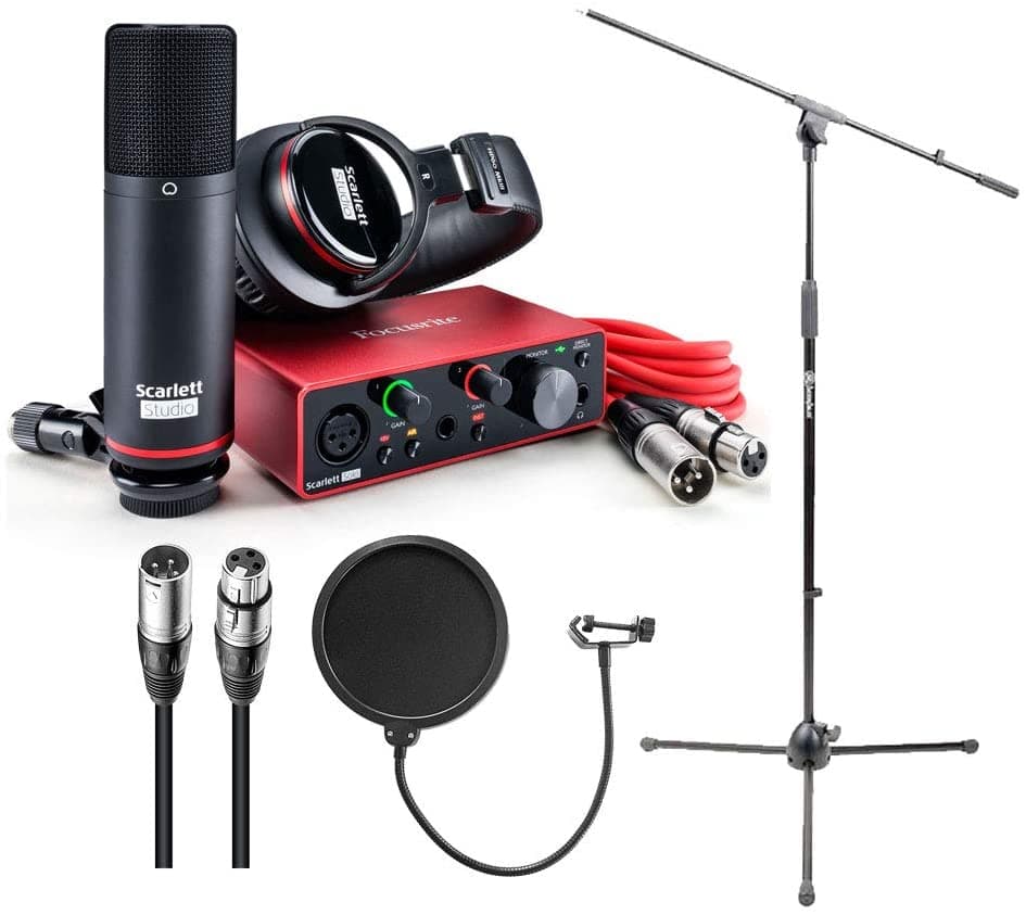 Focusrite Scarlett Solo Studio - Interfaz De Audio Usb De 3ª Generación Con Soporte De Pluma Cable Xlr Y Paquete De Filtro Pop (4 Artículos) SCARLETT-SOLO-STU-3G