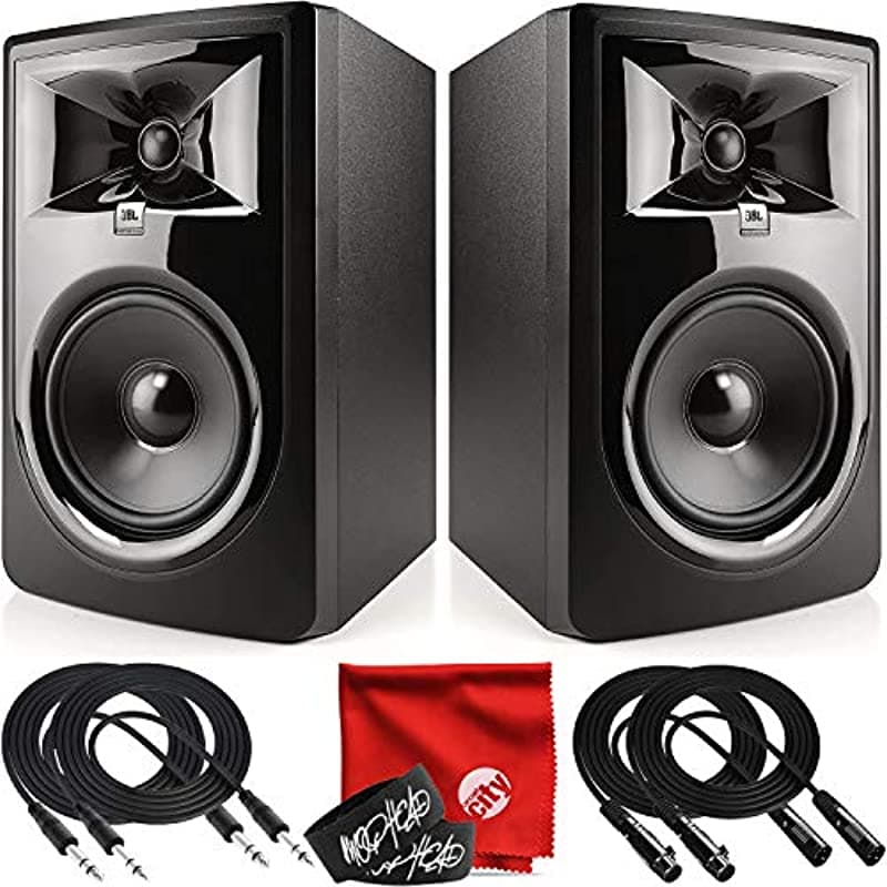 JBL Professional 306P MkII Monitor de Estudio Potenciado de 6 Pulgadas de Última Generación Par con 2x Cable TRS de 10 Pies 2x Cable XLR de 10 Pies 2x Precintos y Paño de Microfibra JBL306PMKIIK2