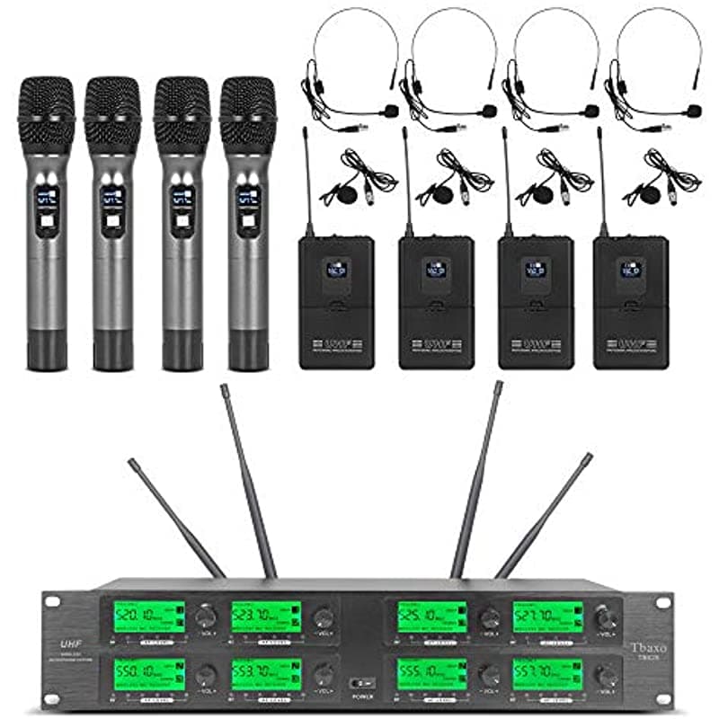 WENWEN Sistema de Micrófono Inalámbrico Frecuencia A de 8 Canales UHF con 4 Micrófonos de Mano, 4 Diademas, 4 Micrófonos de Solapa y 4 Transmisores de Petaca para Karaoke, Iglesias, Conferencias, Bodas y Fiestas en Ktv