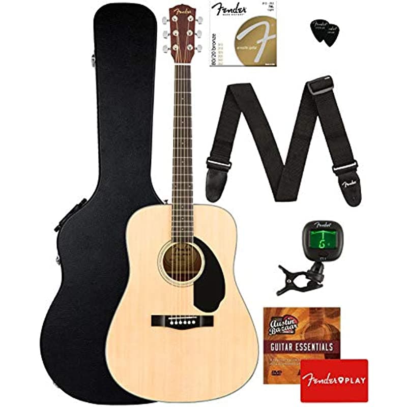 Fender CD-60S Solid Top Dreadnought Guitarra Acústica Natural Pack con Estuche Rígido Afinador Correa Cuerdas Púas Fender Play Lecciones en Línea y DVD Instructivo de Austin Bazaar 0961281021-COMBO-PRO