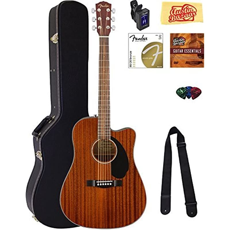 Fender CD-60SCE Guitarra Electroacústica Dreadnought Todo Caoba con Estuche, Afinador, Cable, Correa, Cuerdas, Púas, Paño y DVD Instructivo 0961590221 FGPAC2