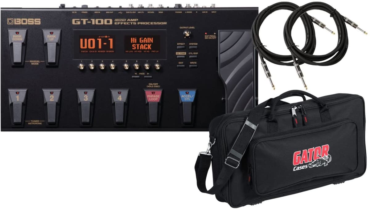 BOSS GT-100 Pedal de Efectos Múltiples para Guitarra Dlx con Pedalera y 2 Cables de Guitarra GT-100 BUNDLE