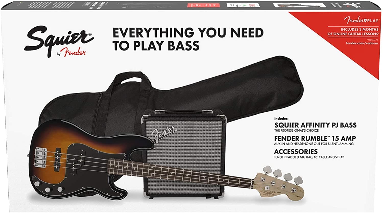 Squier by Fender Affinity Series Precision Bass PJ Pack para Principiantes Diapasón de Laurel Brown Sunburst con Funda Amplificador Rumble 15 Cable Correa y Fender Play 371982032