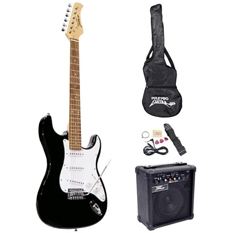 Pyle Pro PEGKT15B - Paquete de Guitarra Eléctrica Tamaño Completo con Amplificador, Mochila y Accesorios, Conjunto de Guitarra Eléctrica, Paquete Inicial para Principiantes, Correa, Afinador, Púa, Listo para Usar Directamente de la Caja, Color Negro