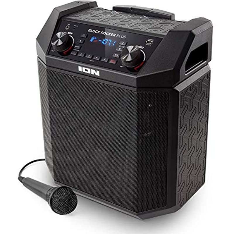Ion Audio Block Rocker Plus Portable Bluetooth Parlante 100W Bateria Karaoke Micrófono Am Fm Radio Ruedas Y Mango Telescópico Y Cargo Usb