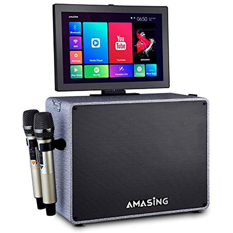 MASINGO Máquina De Karaoke Para Adultos - Altavoz Bluetooth Inalámbrico - 2 Micrófonos Inalámbricos - Tableta Plegable Incorporada - Portátil Potente Y Perfecto Para Fiestas Ya Sea En Interiores O Exteriores (Alto X6 Gris)
