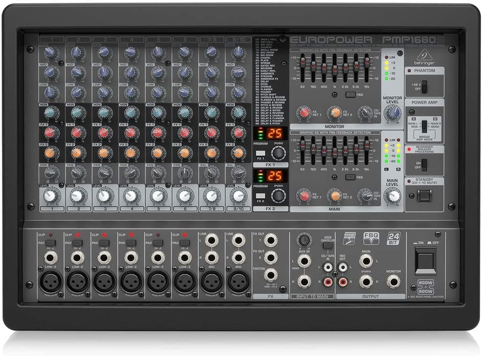 Behringer PMP1680S Consola Potenciada 10 Canales y 1600W para Mezcla de Sonido Profesional