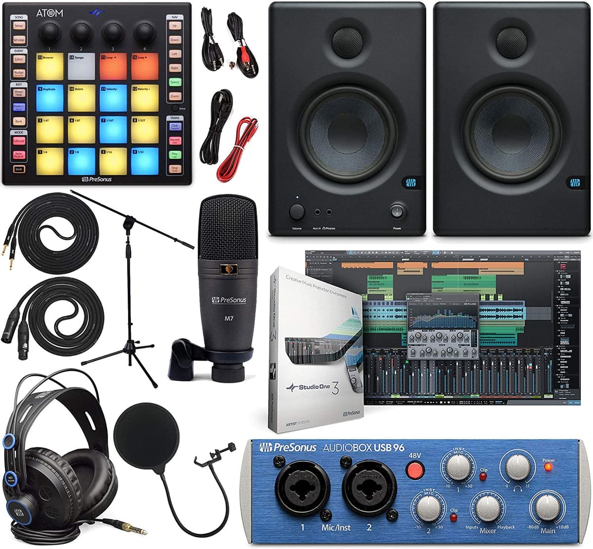 Presonus Audiobox 96 - Interfaz De Audio (Puede Variar Azul O Negro) Paquete Completo De Estudio Con Paquete De Software Studio One Artista Controlador Atom Midi / Almohadilla De Producción Monitores De Par Eris E3 Y Cables De Instrumentos