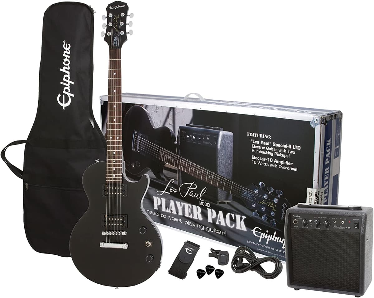 Epiphone Les Paul Player Pack Ebony, guitarra eléctrica ideal para principiantes, incluye amplificador y accesorios. PPEG-EGL1EBCH1