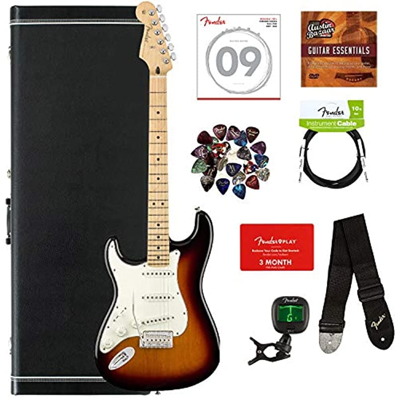 Fender Player Stratocaster zurda 3-Color Sunburst bundle con estuche rígido afinador correa cable de instrumento cuerdas púas capo Fender Play lecciones online y DVD instructivo Austin Bazaar 0144512500-COMBO-DLX