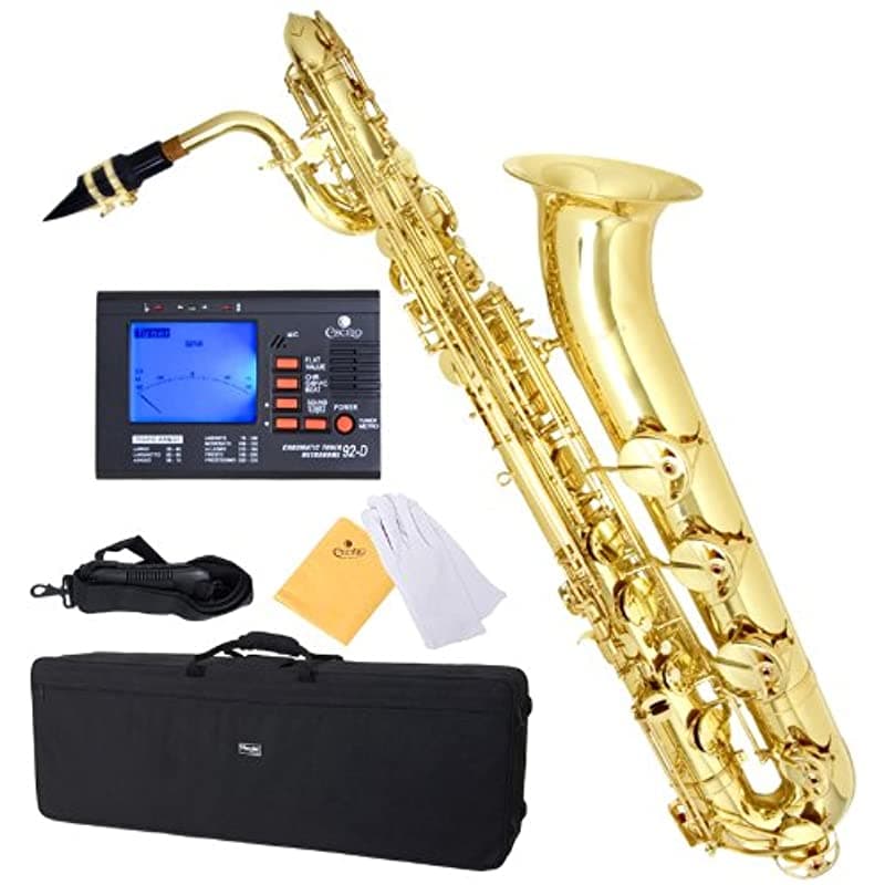 Mendini Por Cecilio Mbs-30L+92D Laca Amarillo Latón Intermedio E Plano Barítono Saxofón Afinador Pro-Deliminuxe Boquilla Y Cuello Correa De Cuello