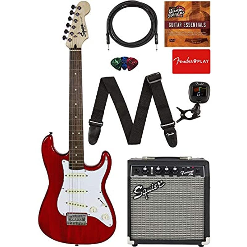 Fender Squier Escala Corta 24 Stratocaster Transparente Red Aprendizaje Play Bundle Frontman 10G Amp Cable Afinador Strap Coleces Fender Juega Lecciones En Línea Y Austin Bazaar Dvd Instructivo 0371812038-COMBO-STD