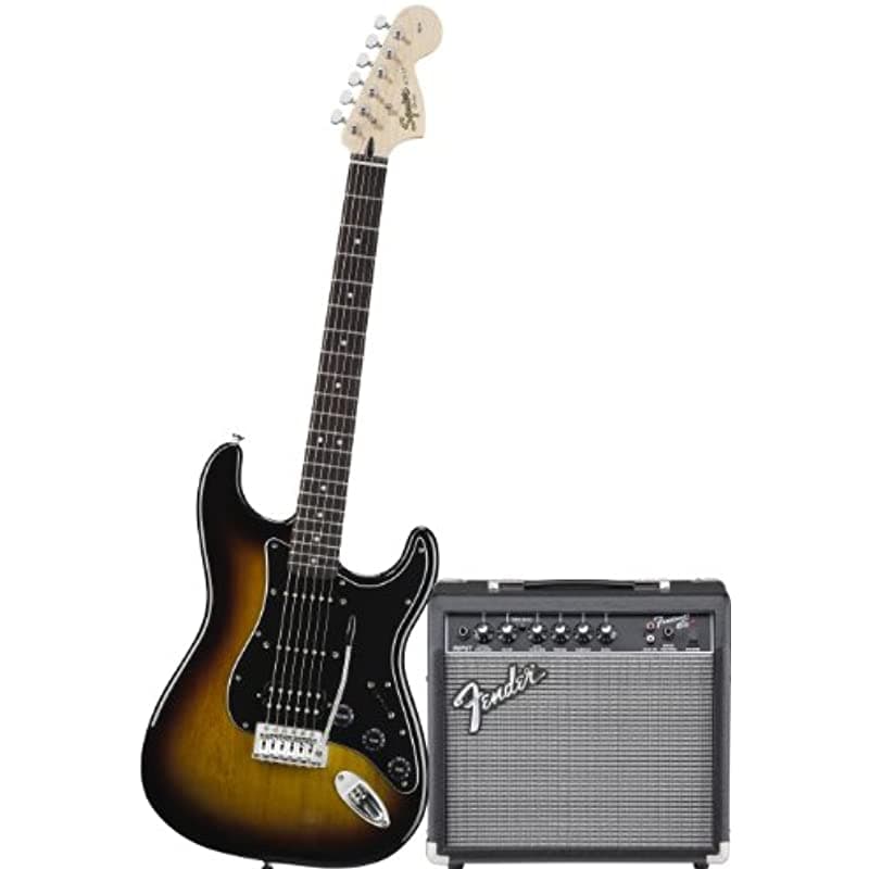 Squier by Fender Affinity Stratocaster Pack de guitarra eléctrica para principiantes con amplificador Fender FM 15G afinador clip-on cable correa púas y funda Brown Sunburst 301614032