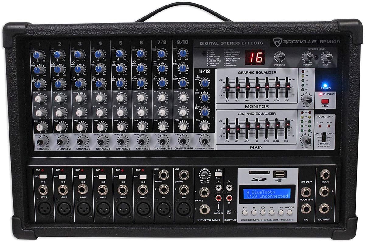 Rockville 12 Canal 4800W Potenciados Mixer 7 Band Eq Efectos Usb 48V Rpm109