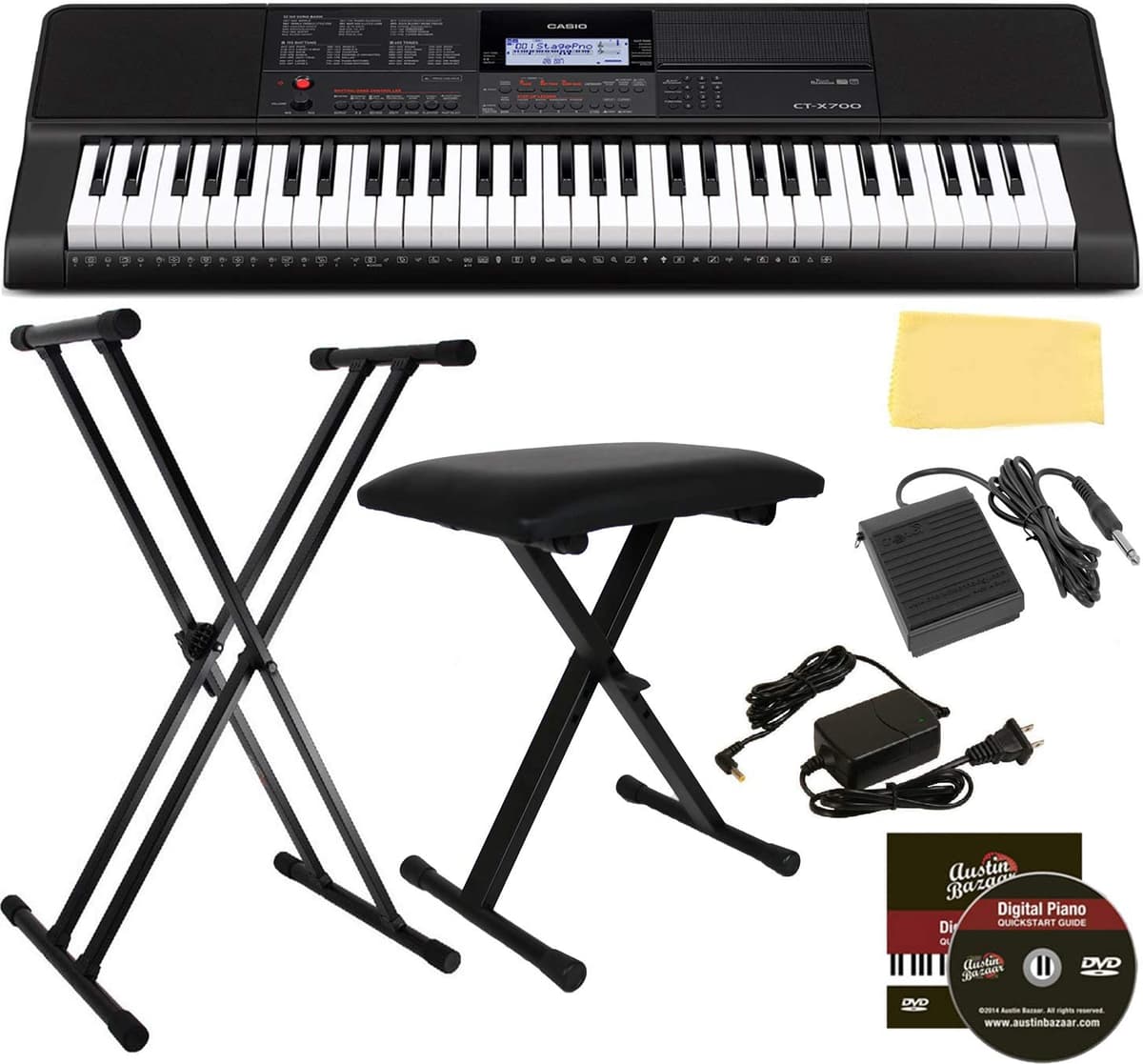 Casio CT-X700 Teclado Bundle Stand Bench sostenga Adaptador de potencia de pedal Austin Bazaar DVD y Pulido de pulido CT-X700-COMBO-DLX