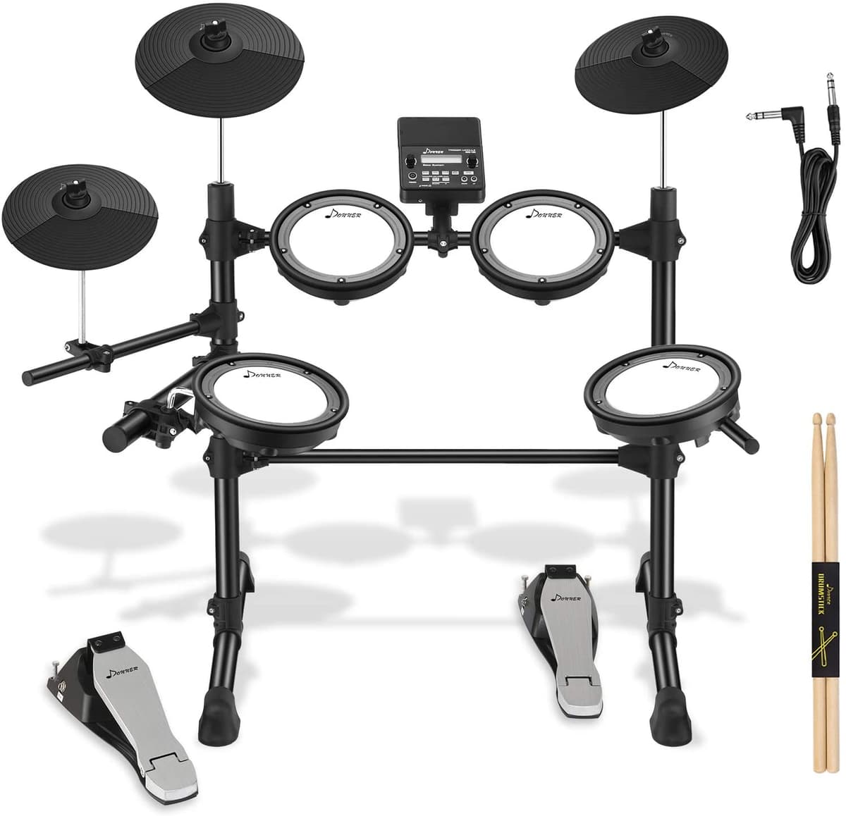 Donner DED-100 Batería electrónica de ocho piezas con pads de malla 195 sonidos kit para principiantes y cables de audio incluye soporte de metal más estable