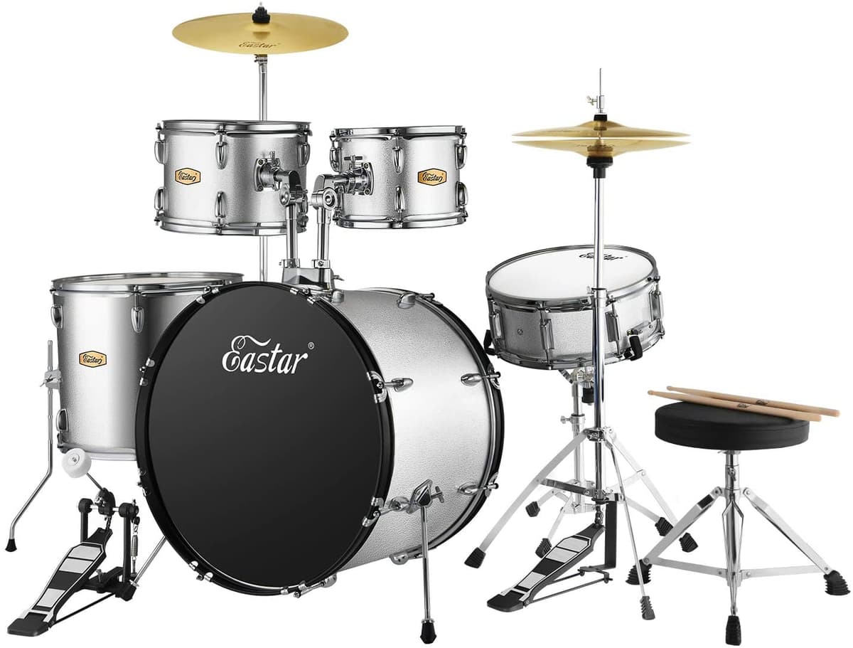 Eastar - Batería Acústica De 22 Pulgadas Para Adultos Kit De 5 Piezas Tamaño Completo Para Principiantes Junior Con Pedales Soporte Para Platillos Taburete Y Baquetas Plateado Metálico