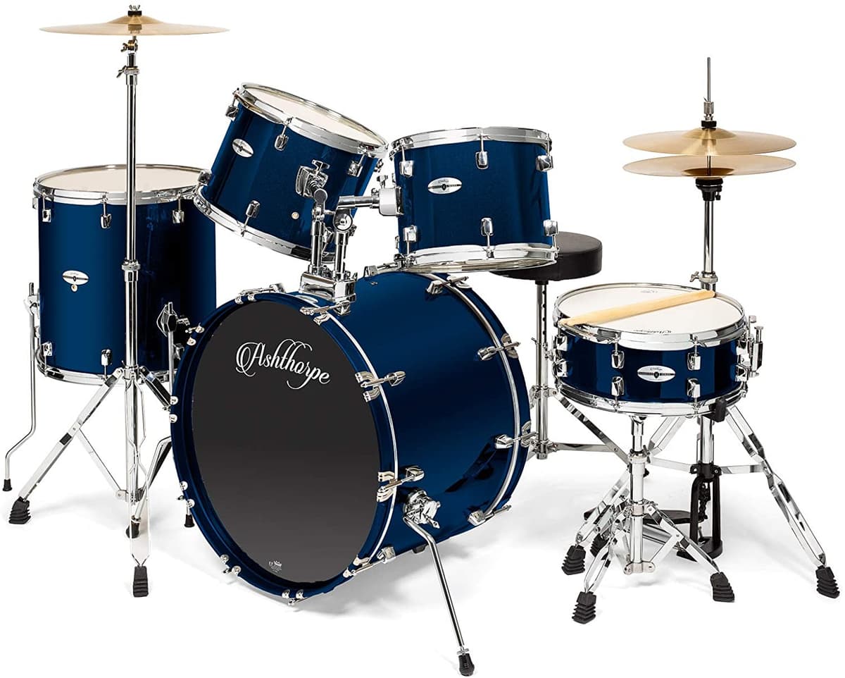 Ashthorpe 5 Piezas Set De Batería Para Adultos Remo Heads & Premium Brass Platillo Complete Profesional Percusión Kit Hardware Blue 21628931