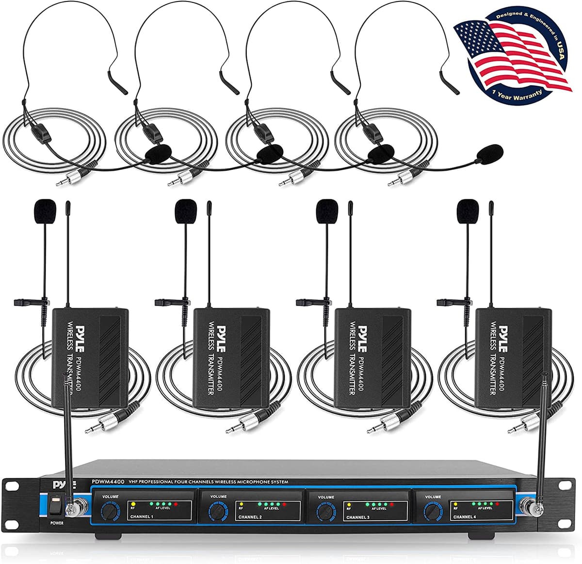 Pyle PDWM4400 Sistema De Micrófono Inalámbrico Profesional 4 Canales VHF Audio Mic Set 1/4 XLR 4 Auriculares Y 4 Micrófonos Corbateros Lavalier 4 Receptor Transmisor Karaoke PA DJ