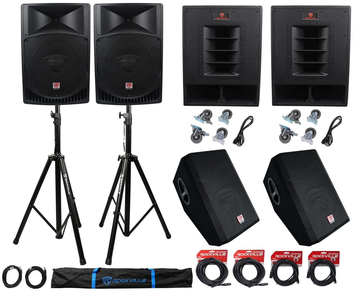 Rockville Bundle RPG15 + RBG15FA + RSM12A V2, Stands y Cables - Sistema PA Potente 2 RPG15+RVSS2-XLR+2 RBG15FA+2 RSM12A