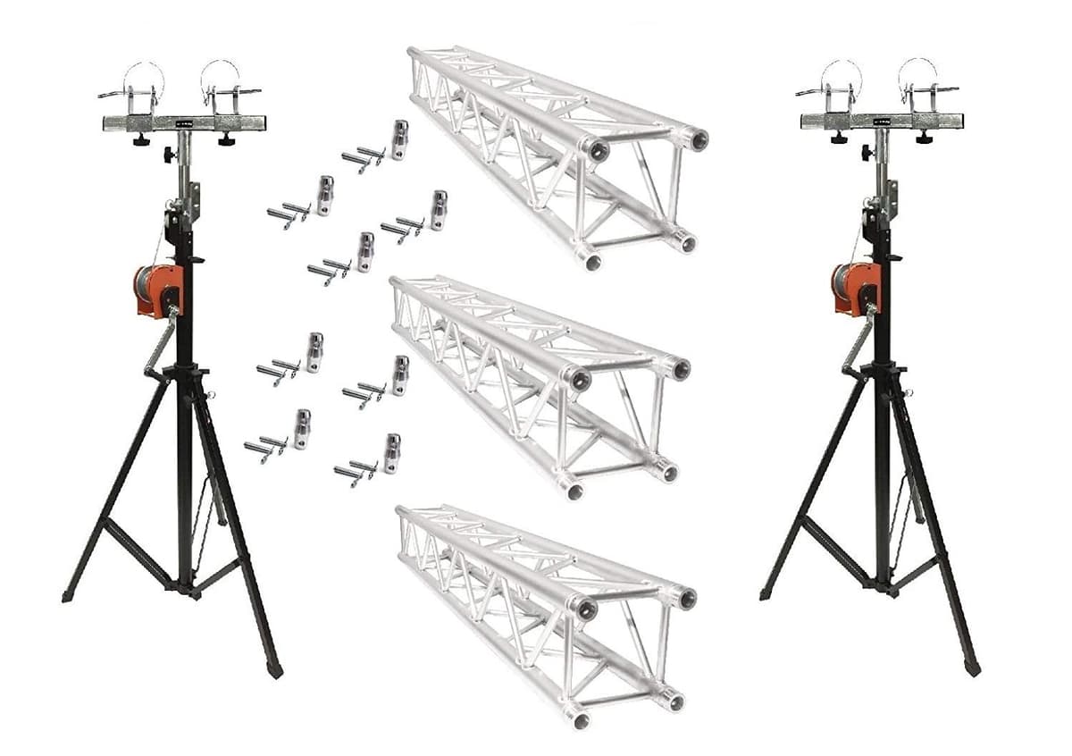 Cedarslink Paquete: 2 Soportes Elevables de 14' con 3 Tramos de Truss Cuadrado de Aluminio de 6.56'