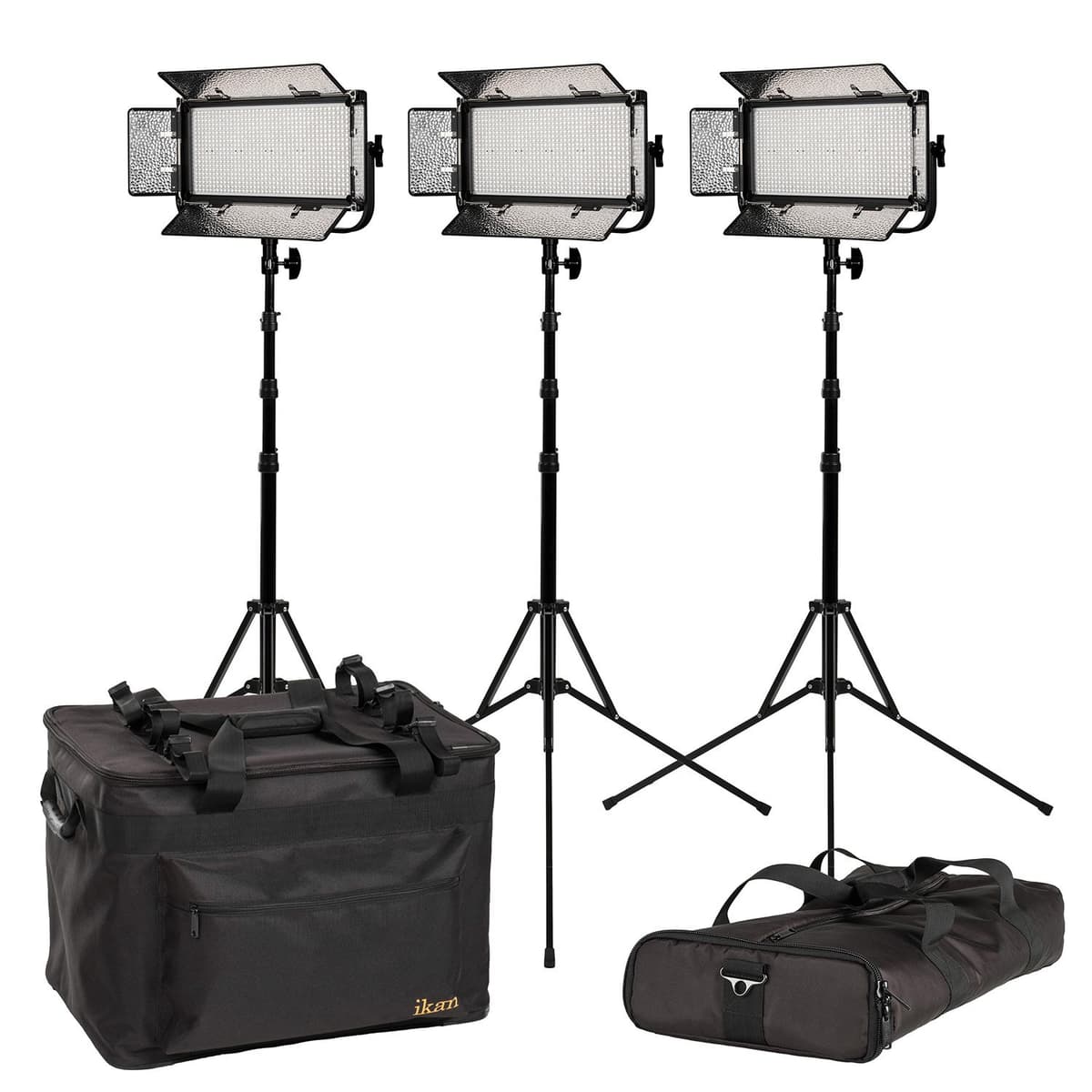Ikan Mylo MB8-3PT-KIT Kit de Iluminación LED Bicolor 3200K-5600K (3 luces) con Barn Doors, Trípodes y Estuche - 1x Half Bi-Color Ajustable - Negro