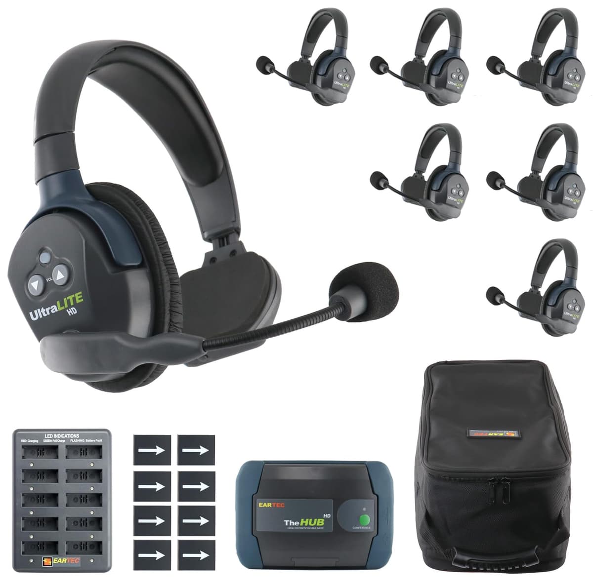 EARTEC Ultralite-HD HUB7S Intercomunicador Inalámbrico Full Dúplex para 7 Personas, Auriculares de Una Oreja, Alcance Hasta 1000 ft, Sistema de Comunicación, Empresa de EE.UU.