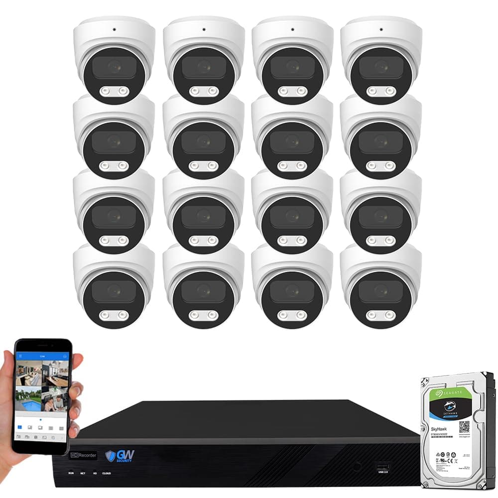 GW Security GW42-839301M16 Sistema de Cámaras de Seguridad NVR 16 Canales 12MP 4K con 16 Cámaras Domo 8MP PoE, Visión Nocturna a Color con Reflector, Micrófono Integrado, Interior/Exterior, Detección Inteligente Humana/Vehículos