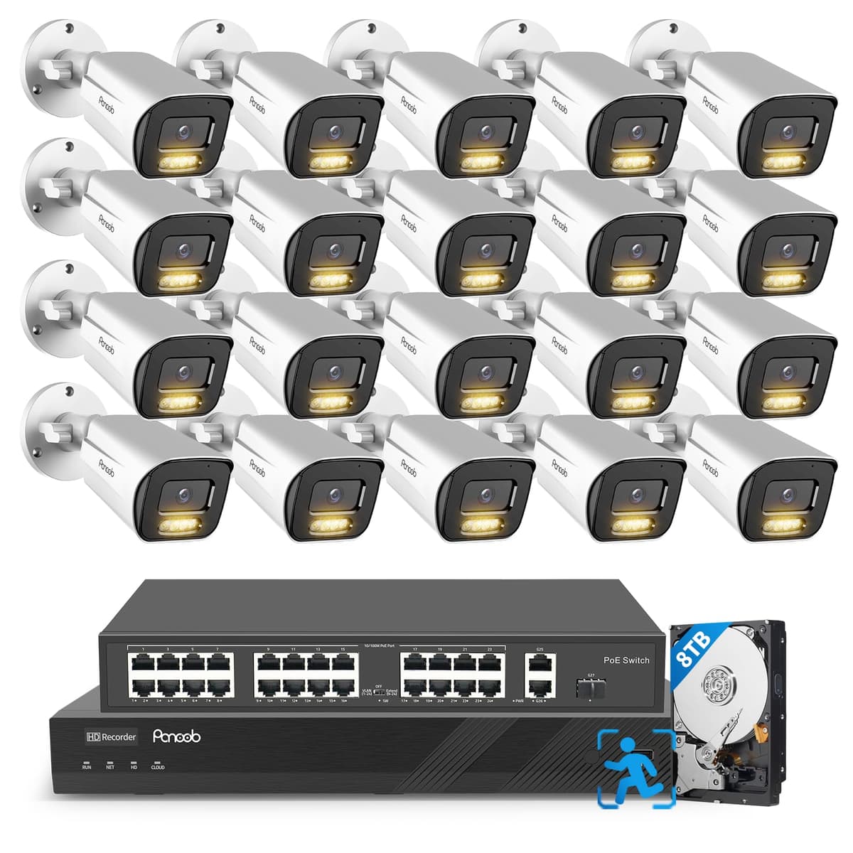 PANOOB PB65A2032-8MD-1 Sistema de Cámaras de Seguridad 4K 32 Canales, 20 Cámaras PoE 8MP Bullet con Spotlight y Visión Nocturna a Color, Audio Bidireccional, Detección AI Humano/Vehículo, NVR 4K con 8TB, Acceso Remoto