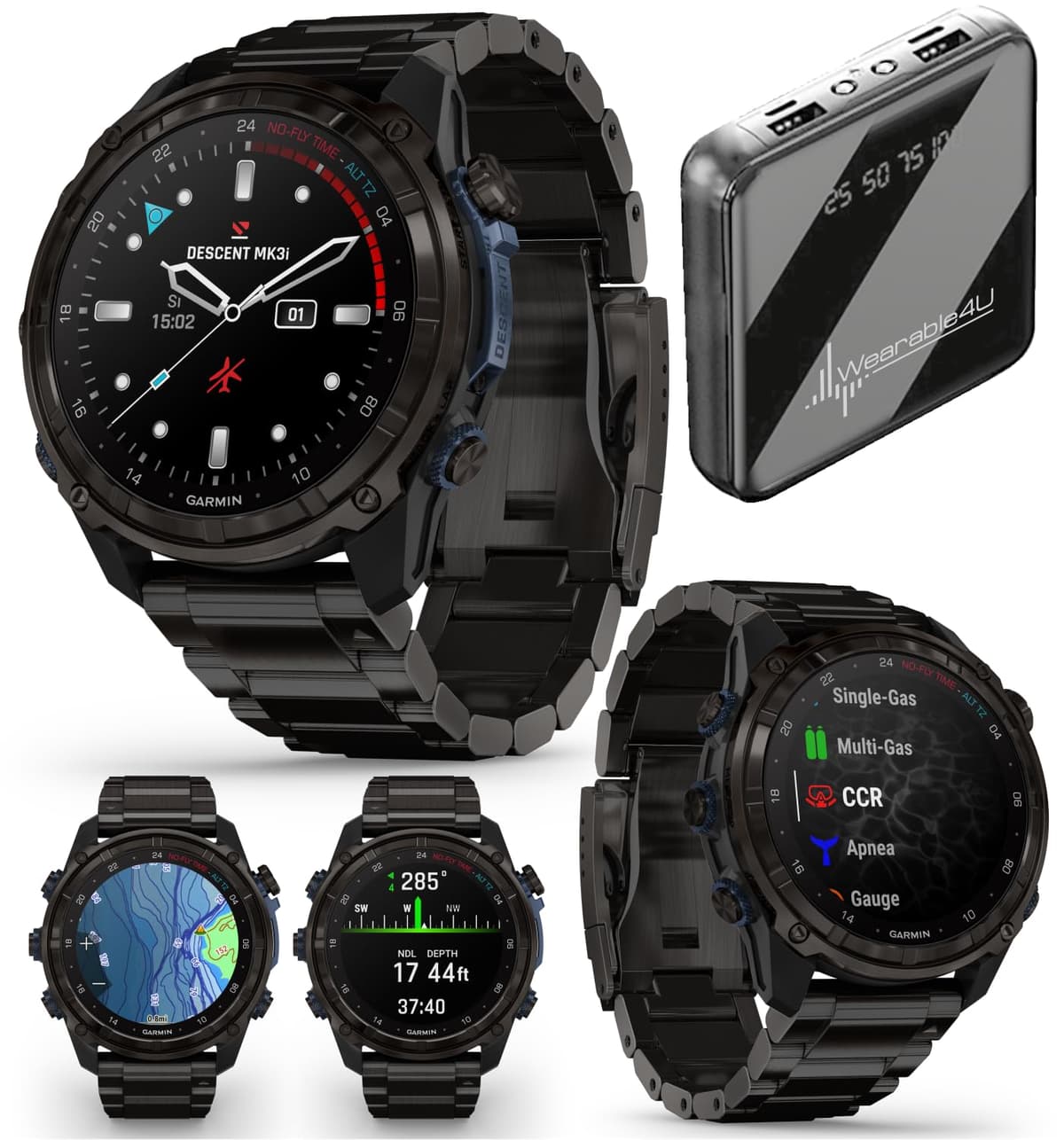 Wearable4U Garmin Descent Mk3 y Mk3i 51 mm y 43 mm, Computadora de Buceo de Titanio con Correa Extra Larga, GPS Smartwatch, Pantalla AMOLED, Batería hasta 25 días, Bundle de Regalo (010-02752-13) Descent Mk3i