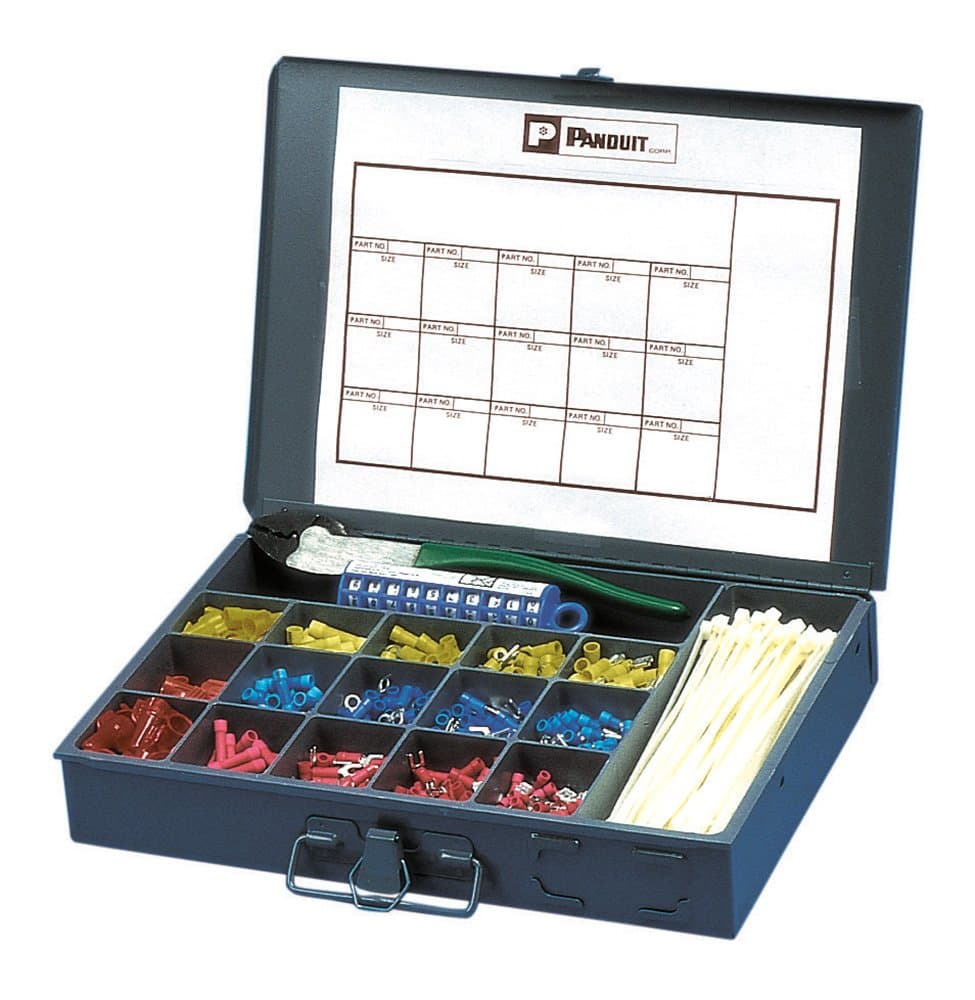 Panduit K1-PNKIT kit de mantenimiento industrial con terminales de nylon en caja de acero, juego de conectores y herramientas eléctricas