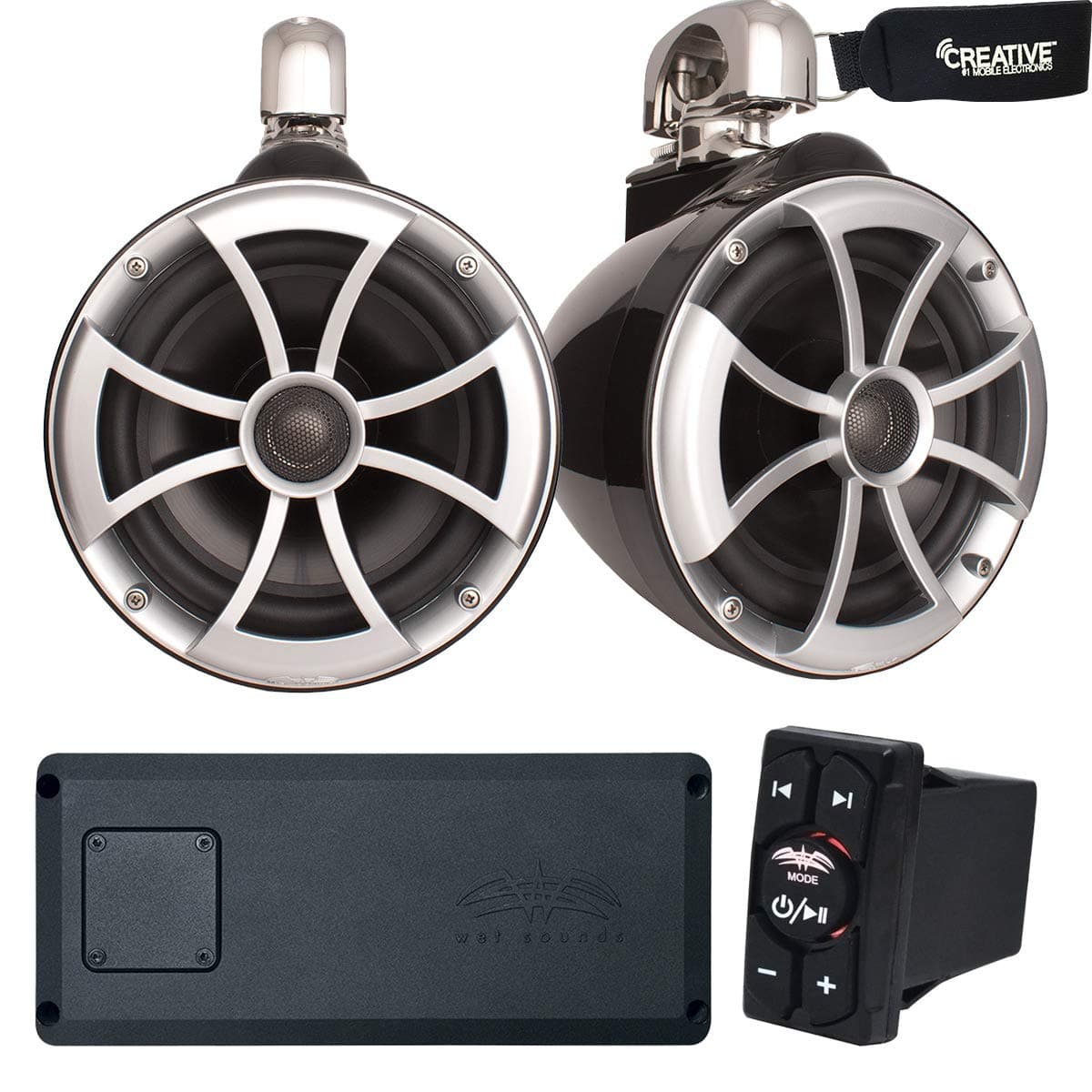 Wet Sounds ICON8B-MSC+STXMICRO4+BTRS Parlantes Torre con Abrazaderas Mini Giratorias, Amplificador STX-Micro-4 y Receptor Bluetooth BTRS Rocker Switch para embarcaciones y deportes acuáticos