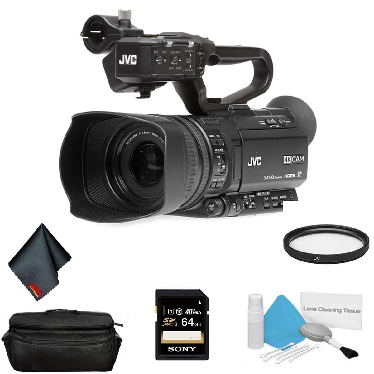 JVC GY-HM250 UHD 4K Videocámara Profesional de Streaming - Bundle con Tarjeta de Memoria 64GB y Más