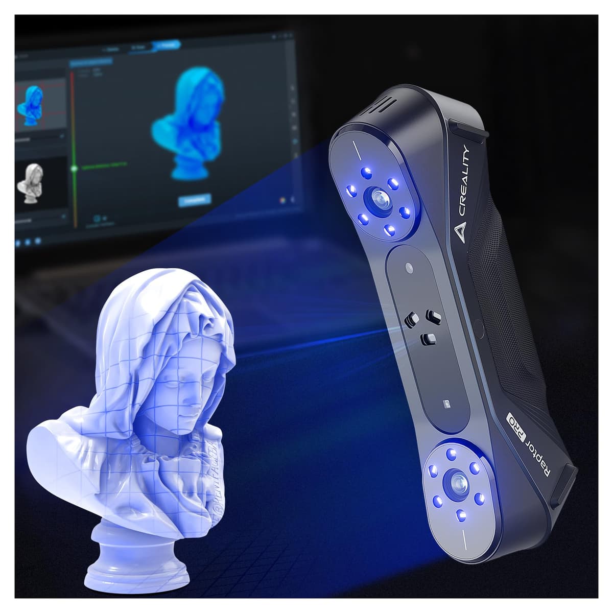 Creality CR-Scan Raptor Pro Escáner 3D de alta precisión 0.02 mm grado metrológico para impresión 3D con láser azul/IR, soporte inalámbrico, ideal para ingeniería inversa, automotriz, escaneo de cuerpo y artefactos